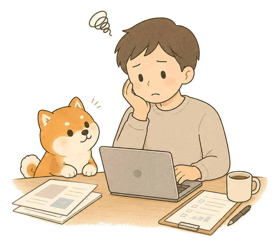 パソコンの前で悩む人に寄り添う豆柴